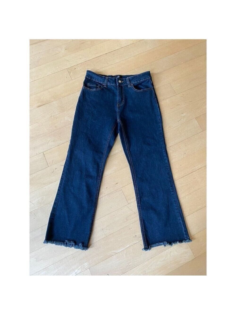 Pink Tartan blue ankle flared jeans Women sz 6 raw hem